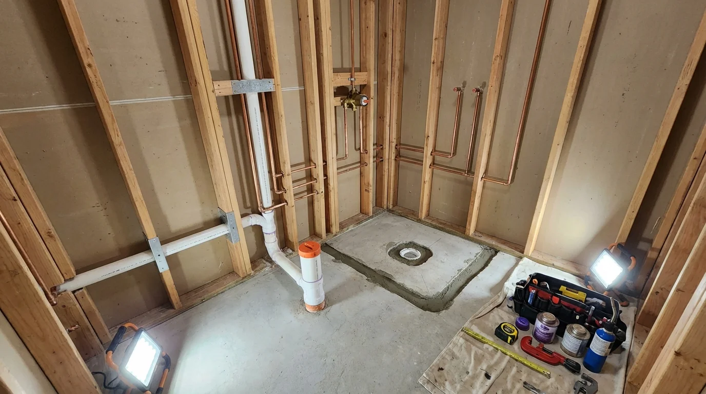 Bathroom rough-in plumbing during remodel by Johns Plumbing LLC in Fort Irwin