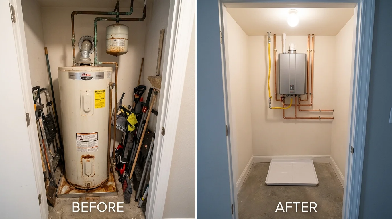 Tank water heater versus wall-mounted tankless unit comparison for Fort Irwin, CA homeowners