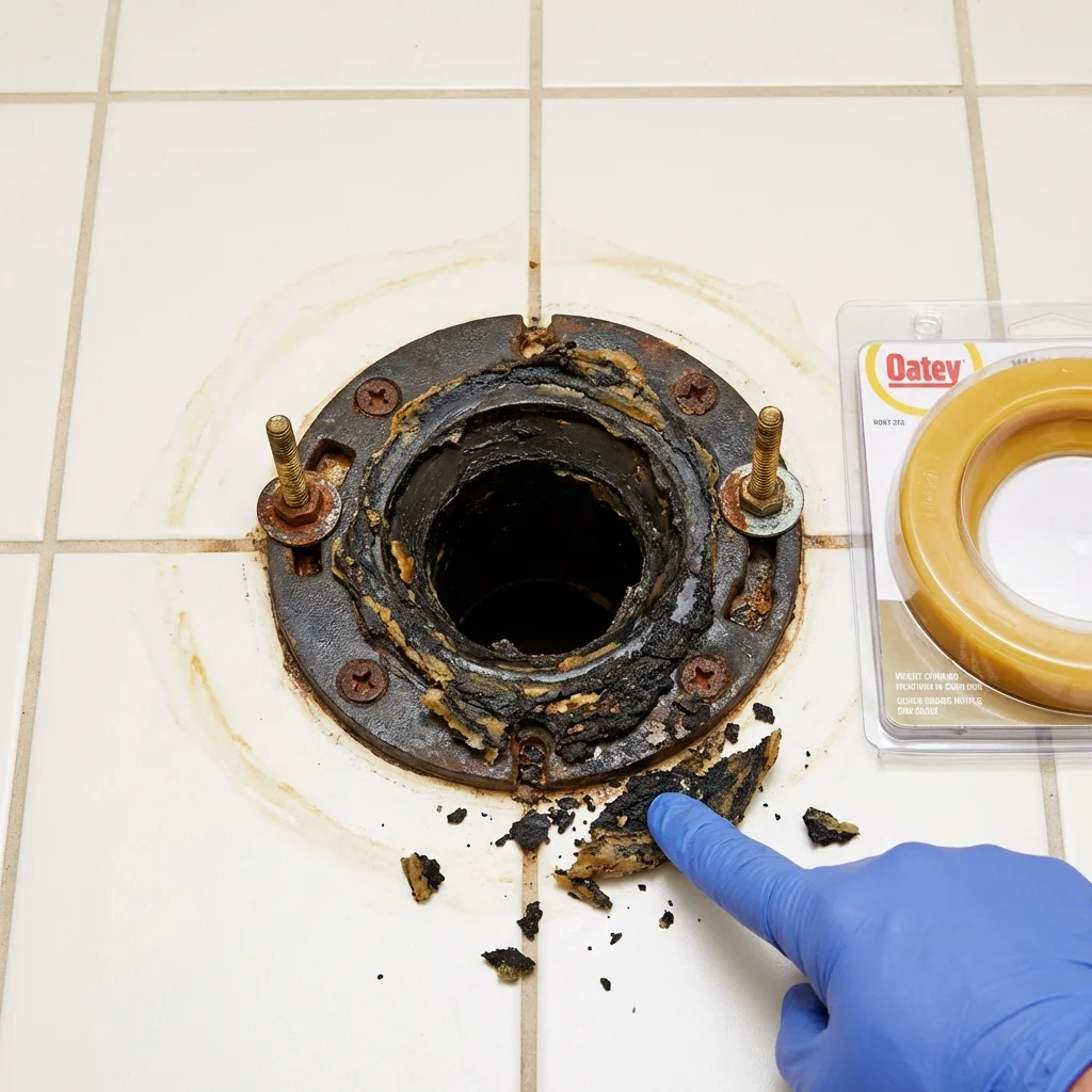 Failed wax ring showing water seepage at the base of a toilet in a Fort Irwin, CA home