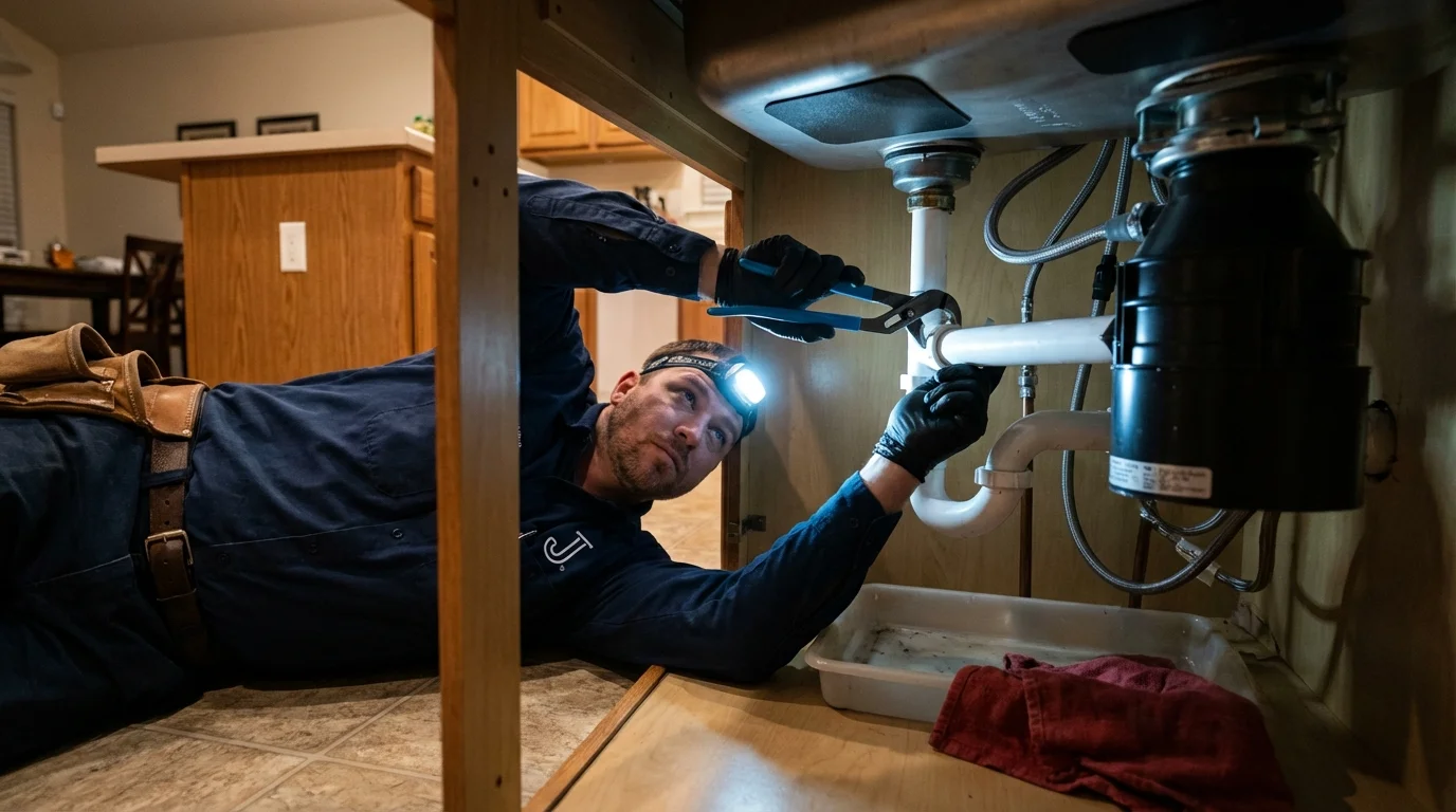 P-trap and supply line connections under a kitchen sink showing a common leak point in Fort Irwin, CA